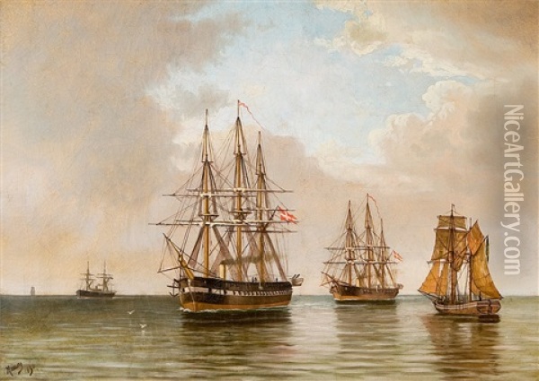 Segelfartyg I Stiltje Oil Painting - Heinrich Reimers