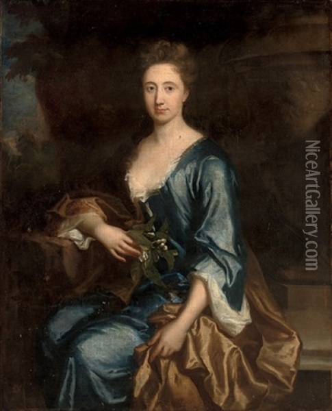 Portrait Of A Lady In A Blue Dress And Brown Wrap, Orange Blossom In Her Right Hand Oil Painting - Charles Jervas