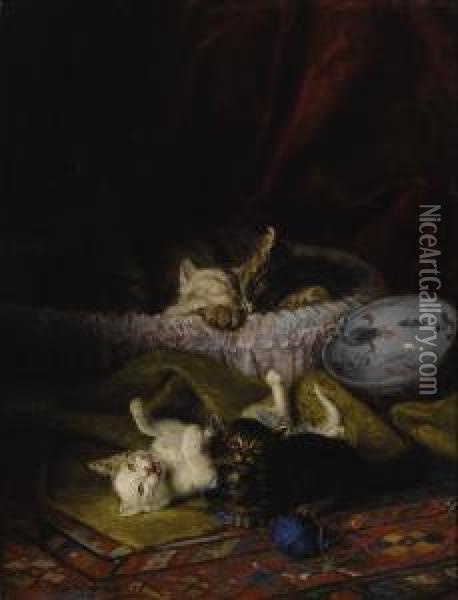 As Kittens Play, Their Mother Naps Oil Painting - Louis Eugene Lambert