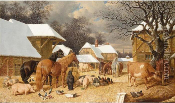 Winter In The Farmyard Oil Painting - John Frederick Herring Snr