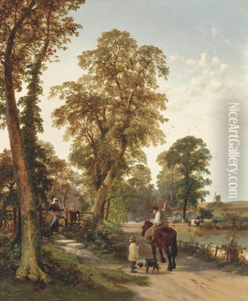 Figures And Animals On Along A River Bank, A Cottage And Windmill Beyond Oil Painting - Thomas Creswick
