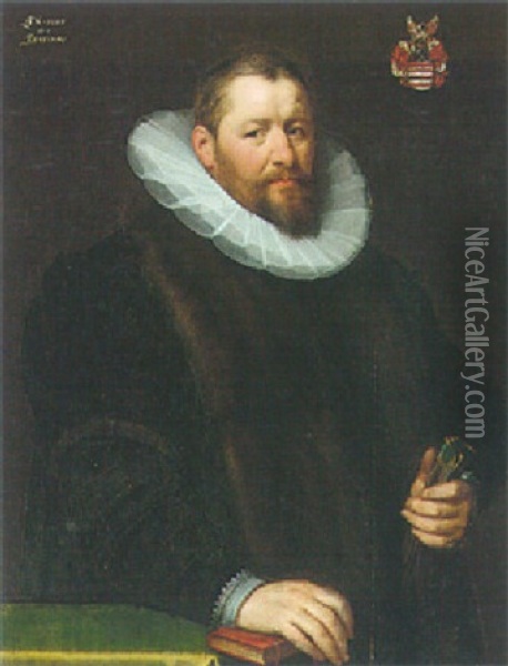 Portrait Of A Gentleman, Wearing Fur Trimmed Coat, Holding A Pair Of Gloves, And Resting His Right Hand On A Book Oil Painting - Gortzius Geldorp