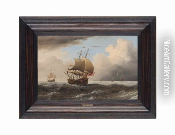 An English Ship Close-hauled In A Strong Breeze (in Collab. With Studio) Oil Painting - Willem van de Velde the Younger