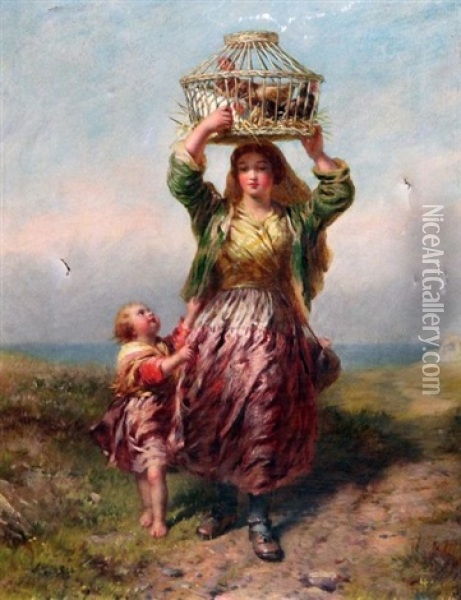 Woman And Child Carrying Chickens On A Coastal Path Oil Painting - James John Hill