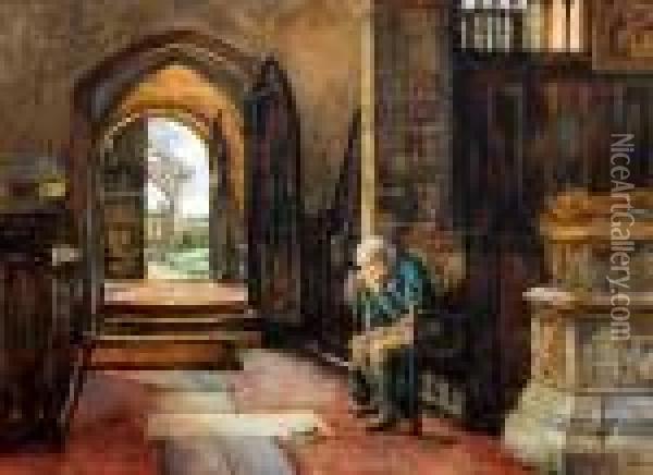 Memories - An Old Man Seated In A Church Oil Painting - Herbert Thomas Dicksee