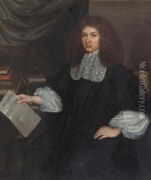 Portrait Of A Gentleman, Seated 
Half-length, Holding An Extensivelyinscribed Letter In His Right Hand, 
With Books Beside Him Oil Painting - Isaac Luttichuys