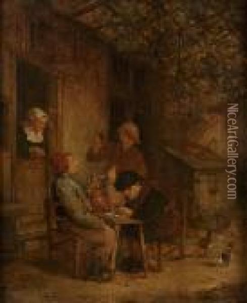 Peasants Smoking And Drinking Outside A Country Cottage Oil Painting - Adriaen van Utrecht