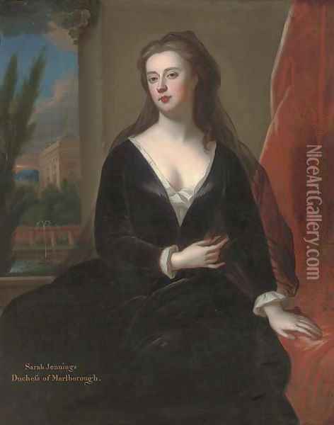 Portrait of Sarah Jennings, Duchess of Marlborough (1660-1744), seated three-quarter length, by a red curtain, in a black velvet dress Oil Painting - Sir Godfrey Kneller