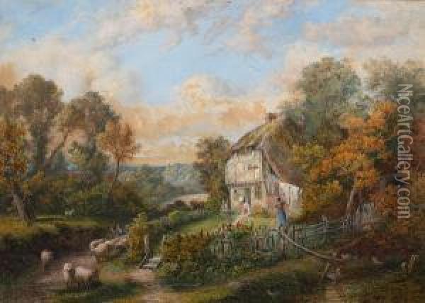 Country Cottage With Figures And Child And Ashepherd Herding Sheep Past A Gate Oil Painting - Edgar John Varley
