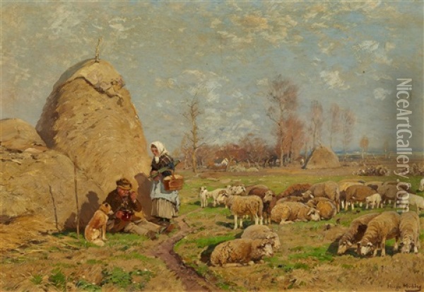 Summer Landscape With A Peasant Couple And Sheep Oil Painting - Hugo Muehlig