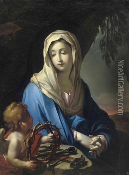 The Madonna, Seated With An Angel Holding The Crown Of Thorns, A Landscape Oil Painting - Francesco Trevisani