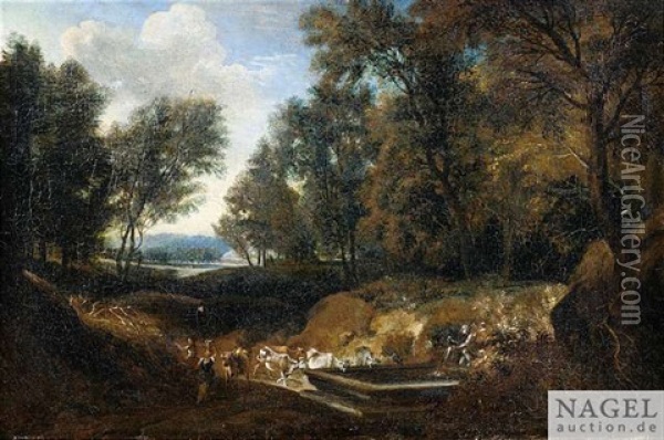 Bewaldete Landschaft Mit Hirten Und Tieren An Der Tranke Oil Painting - Cornelis Huysmans