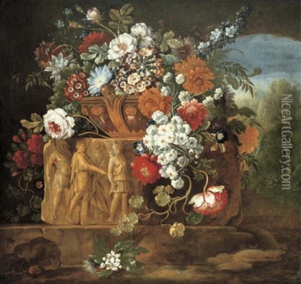 Roses, Peonies, Daisies And Other Flowers In A Sculpted Vase Resting On An Antique Frieze Oil Painting - Pieter Casteels III