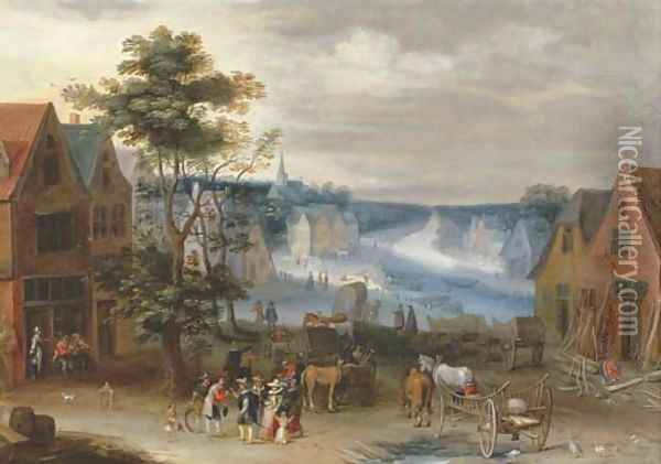 A village scene with a canal in the distance, said to be the Willebroek canal Oil Painting - Jan The Elder Brueghel