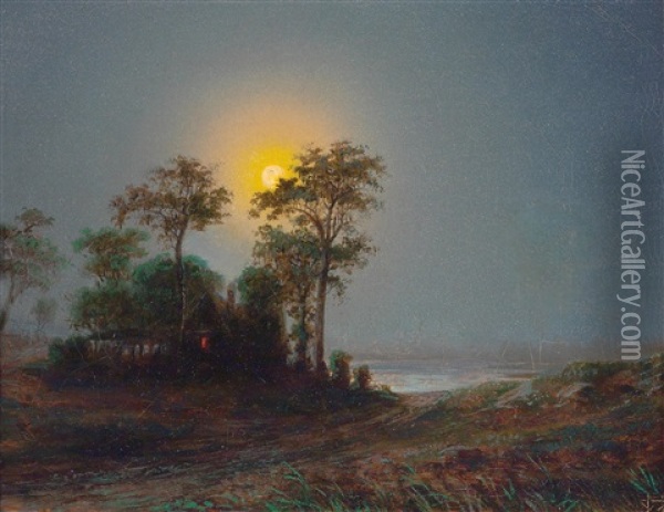 Landscape By The Water In The Moonlight Oil Painting - Anton Waldhauser