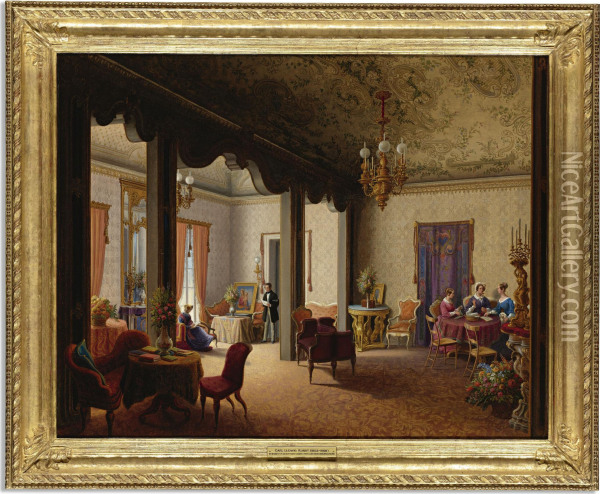 Interior Of The Salon Of Tsarina Alexandra In The Villa Des Herzogs Serradifalco, Palermo Oil Painting - Carl Ludwig Rundt