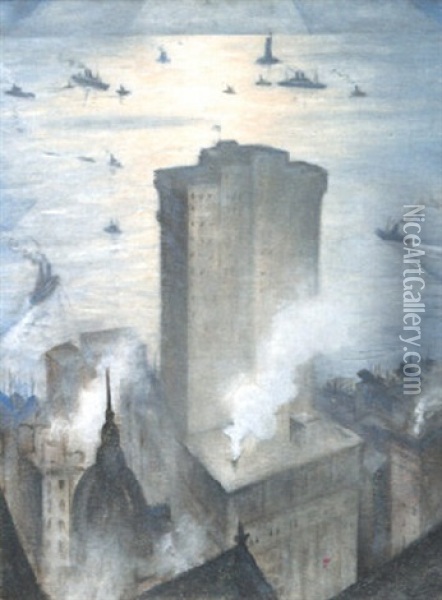 The Statue Of Liberty From The Railroad Club Oil Painting - Christopher Richard Wynne Nevinson