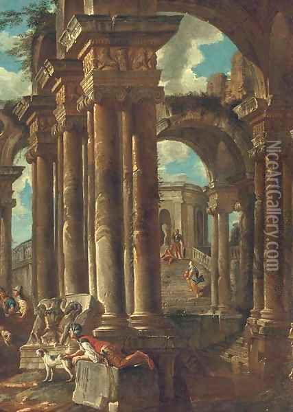 A capriccio of Roman ruins with soldiers and other figures Oil Painting - Giovanni Paolo Panini