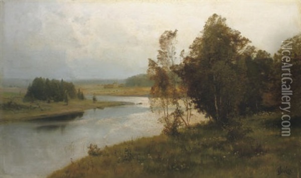 A River Landscape With A Church Beyond Oil Painting - Vladimir Donatovitch Orlovsky