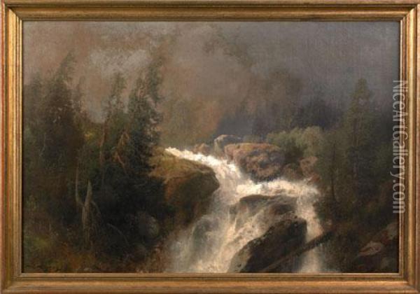 Waterfall In Hemsdalen (norway) Oil Painting - Herman Herzog