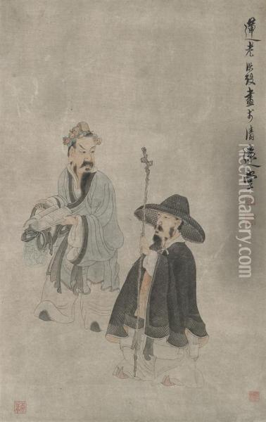 Two Scholars Oil Painting - Chen Hongshou