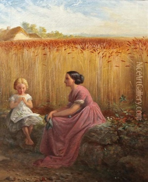 Making Daisy Chains At The Corner Of A Cornfield Oil Painting - Edward Sheil