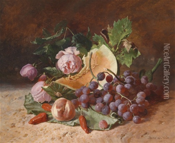 Stillleben Mit Rosen Und Weintrauben Oil Painting - David Emile Joseph de Noter