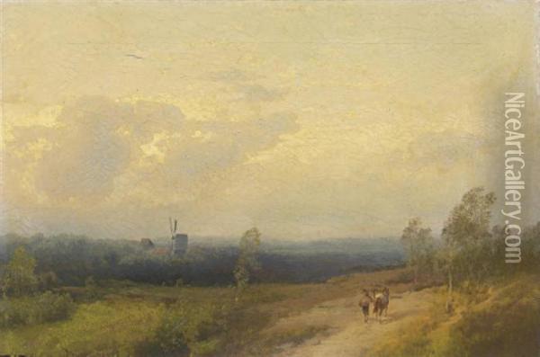 A Panoramic View Of A Landscape With A Windmill Oil Painting - Herman Herzog