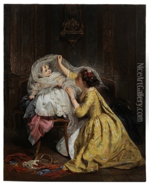 Mother Playing With Child Oil Painting - Henry Guillaume Schlesinger