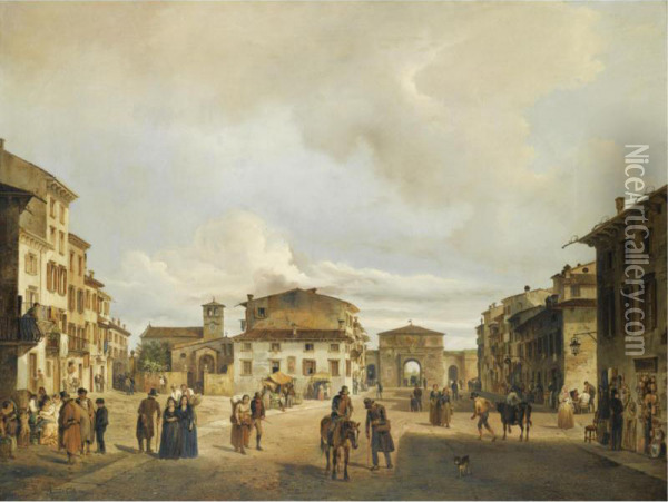 The Piazza Santa Toscana And Porta Vescovo Oil Painting - Carlo Ferrari