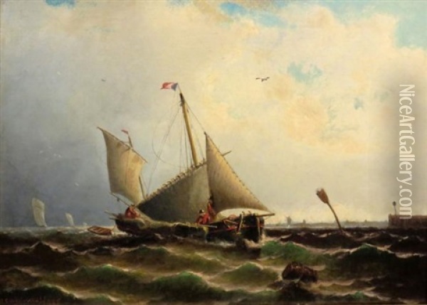 Ship At Sea In Battle Oil Painting - Robert Swain Gifford