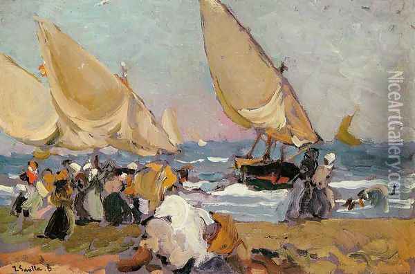 Sailing Vessels on a Breezy Day, Valencia Oil Painting - Joaquin Sorolla Y Bastida
