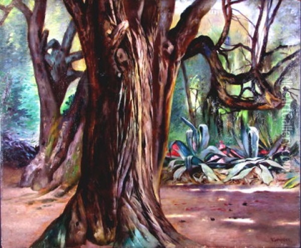 Italienische Gartenlandschaft Mit Machtigem Baumstamm Und Agaven Am Wegesrand (+ Watercolor Of Same, Smllr; 2 Works) Oil Painting - Fritz Schider