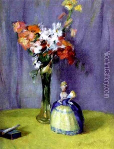 Still Life With Doll And Flower Oil Painting - Pauline Palmer