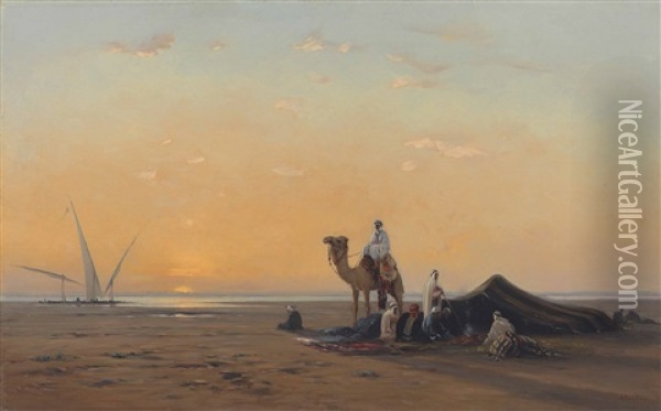 Arab Encampment By The Nile Oil Painting - Auguste Louis Veillon