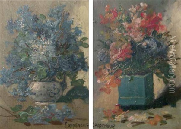 Bouquet De Fleurs (pair) Oil Painting - Edmond Van Coppenolle