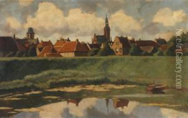 Village Behind A Dike Oil Painting - Nicolaas Bastert