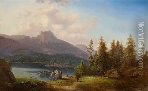 Jager Am Gebirgssee Oil Painting - August Lang