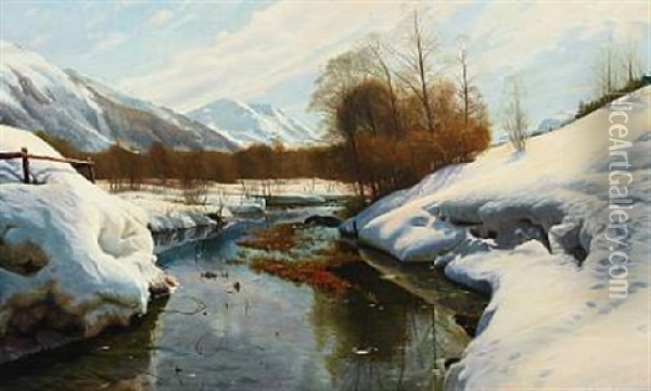 Winter Landscape With River And Mountains In The Background Oil Painting - Peter Christian Christensen