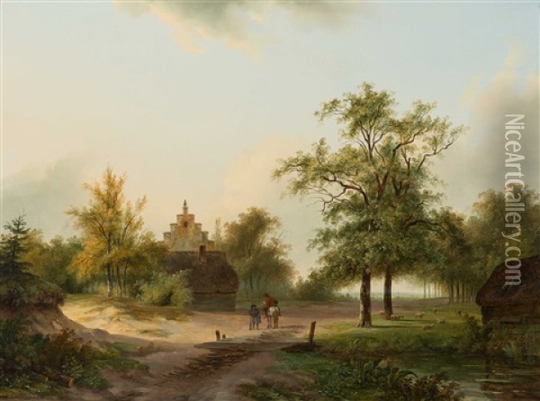 Landscape With Walkers On A Forest Path Oil Painting - Bruno van Straaten the Younger