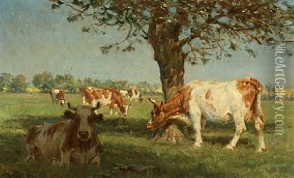 Landscape With Cows Grazing By A Tree Oil Painting - Hans Michael Therkildsen