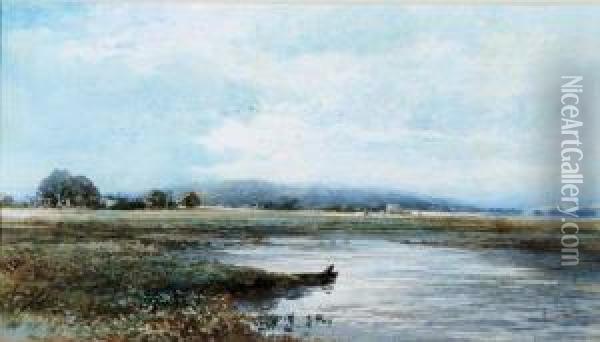 River Landscape With A Fisherman On A Boat Oil Painting - Albert Pollitt