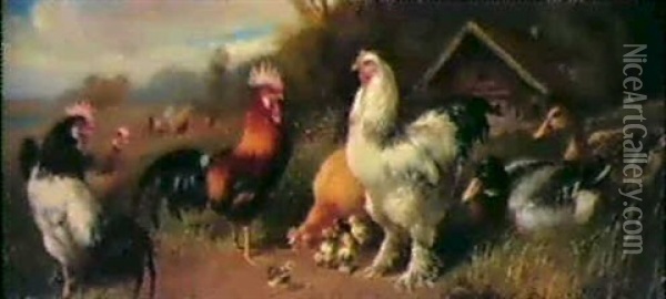 Hahne, Krucken Und Enten In Wiesenlandschaft Oil Painting - Julius Scheuerer