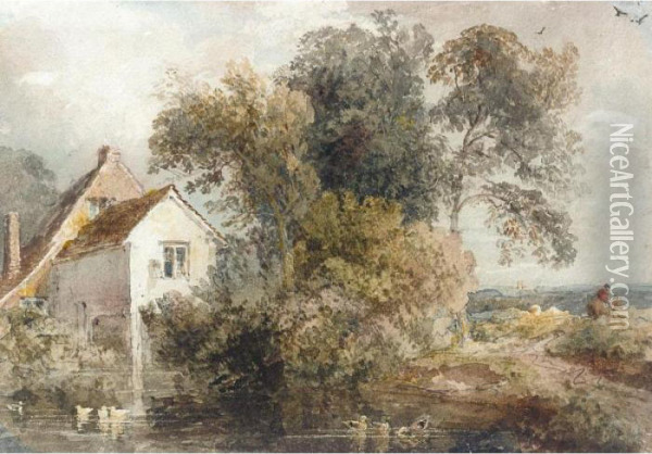 A Cottage By A Pond Oil Painting - Peter de Wint