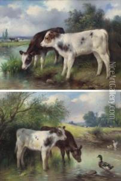 Calves Watering Oil Painting - Walter Hunt