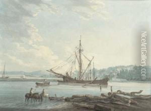 Lymington: Unloading A Timber Ship Oil Painting - Thomas Hearne