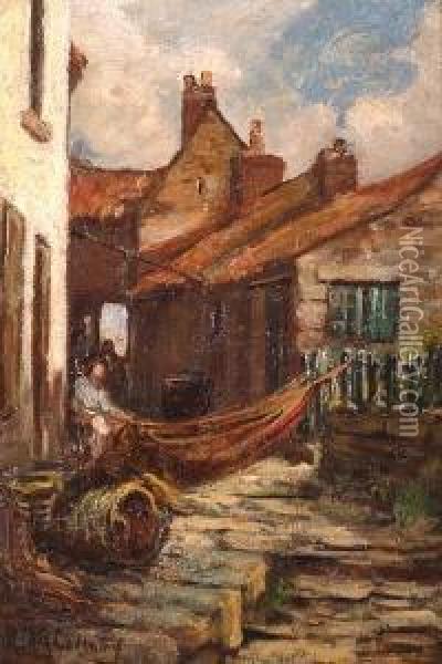 A Sunny Corner In A Fishing Village. Oil Painting - Robert Mcgown Coventry