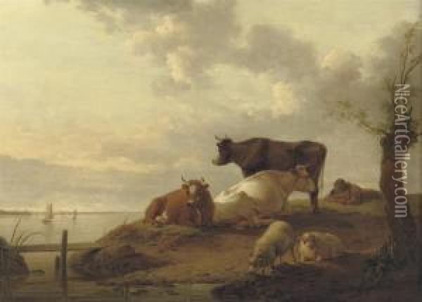 A River Landscape With A Peasant Resting Near His Cows And Sheep Oil Painting - Hendrick Willelm Schweickhardt