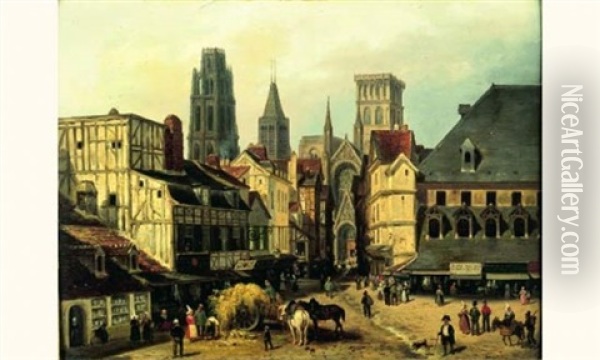 Place Du Marche A Rouen Oil Painting - Giuseppe Canella I