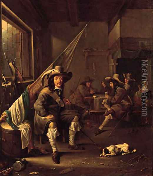 An ensign seated by a barrel in a guardroom, officers playing at cards by a chimney beyond Oil Painting - Jacob Duck